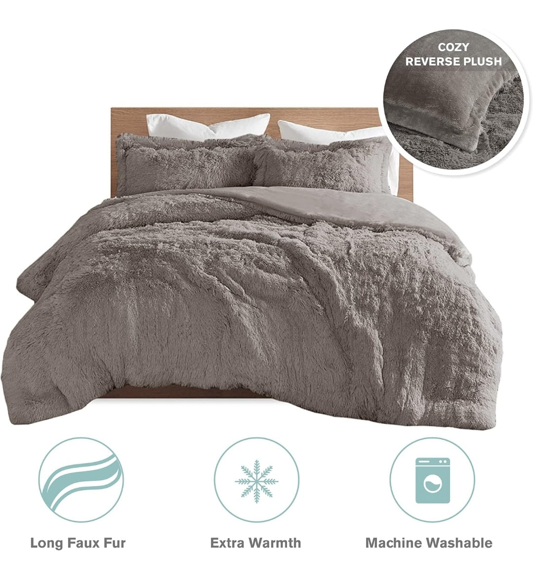 Intelligent Design Malea Shaggy Duvet with Quilted Box Design, Long Faux Fur Comforter Cover Cozy Bedding Set, 3 Piezas, Gris, King