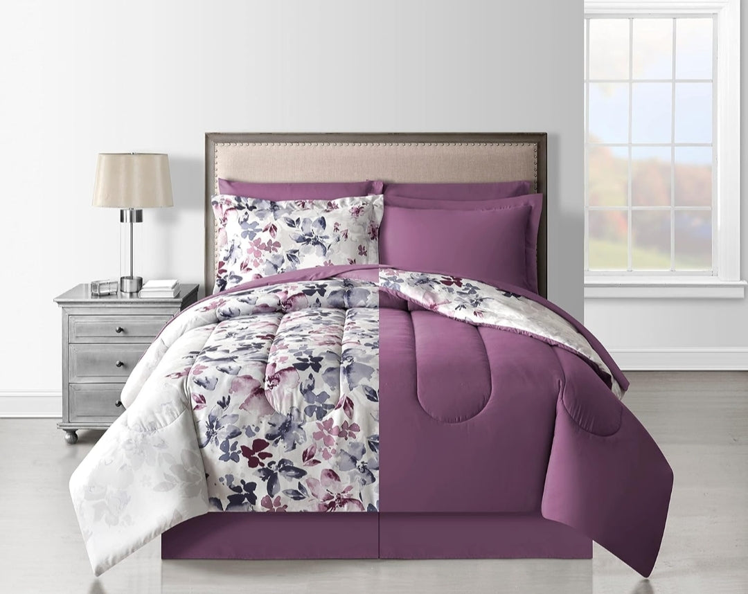 Fairfield Square - Lanwood Monica, Bed-in-A-Bag Set, California King, Floral Reversible, Blanco/Lila, 8 Piezas, King