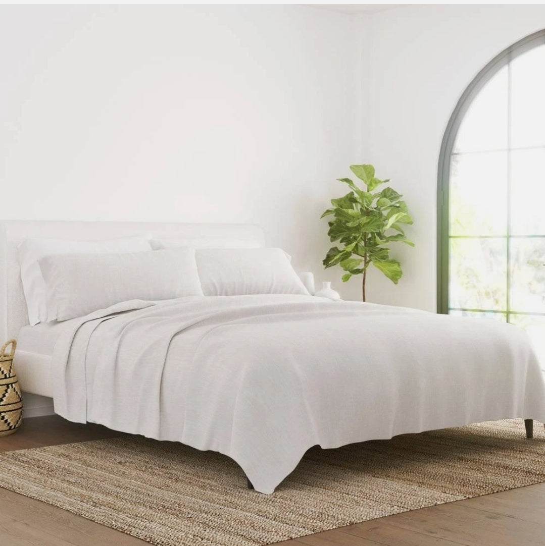 Linen Bamboo Blend Deep Pocket Bed Set, Beige, 4 Piezas, Queen