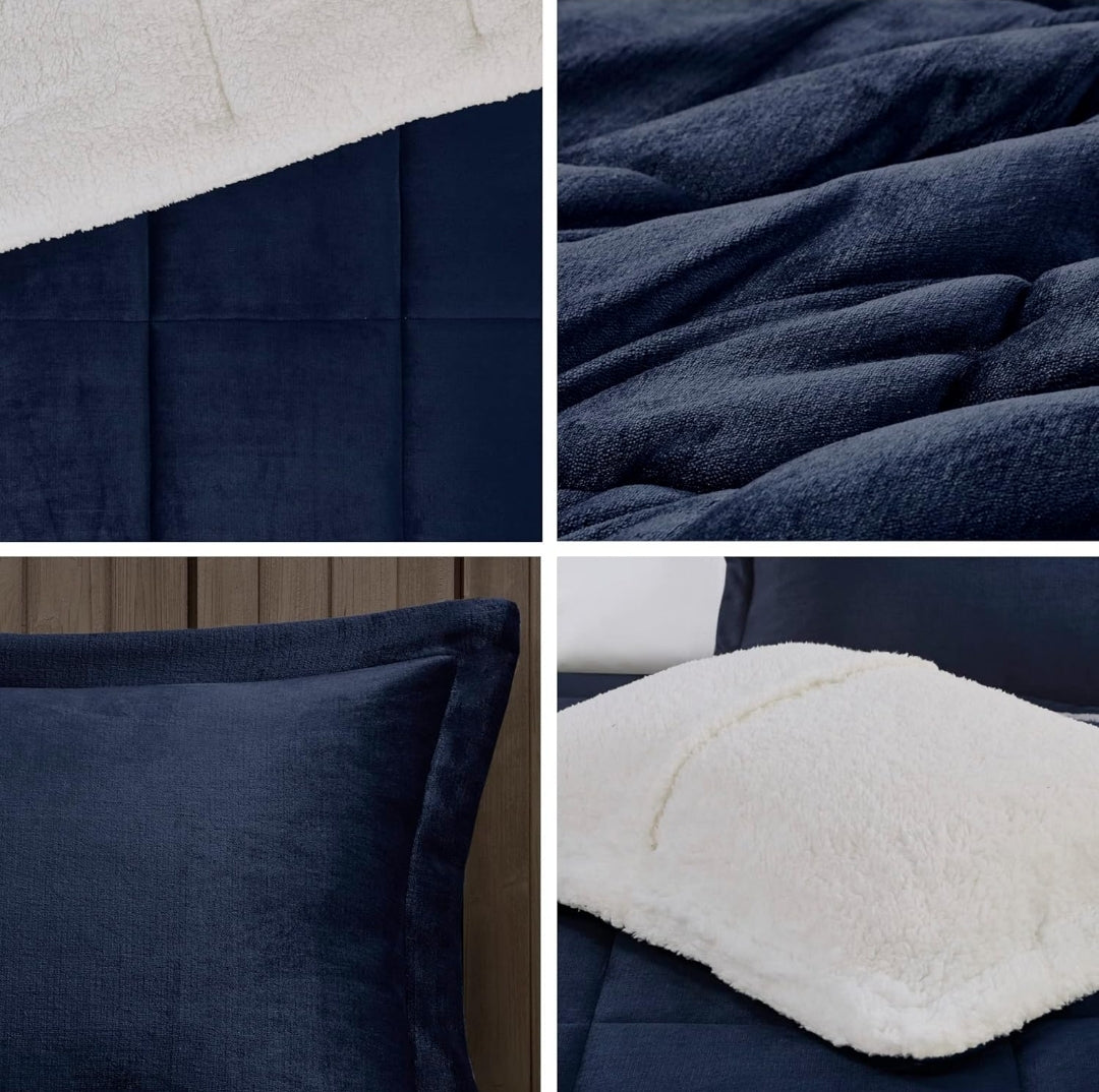 Woolrich Reversible Comforter Set Ultra Soft Plush to Sherpa, Down Alternative, Cold Weather Winter Warm Bedding, with Matching Sham, Decorative Pillow, Navy Blue/Ivory, 4 Piezas, Full/Queen