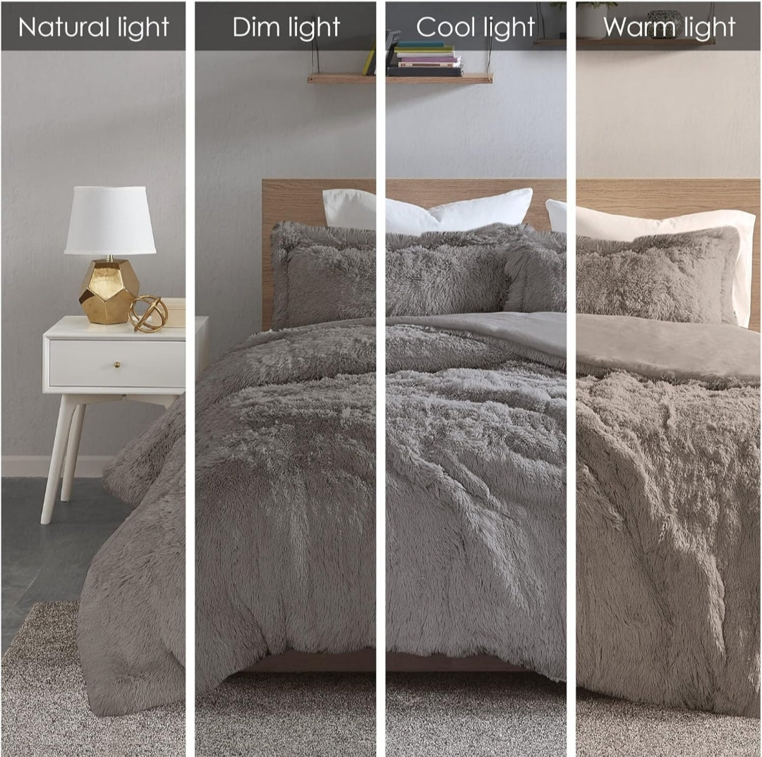 Intelligent Design Malea Shaggy Duvet with Quilted Box Design, Long Faux Fur Comforter Cover Cozy Bedding Set, 3 Piezas, Gris, King
