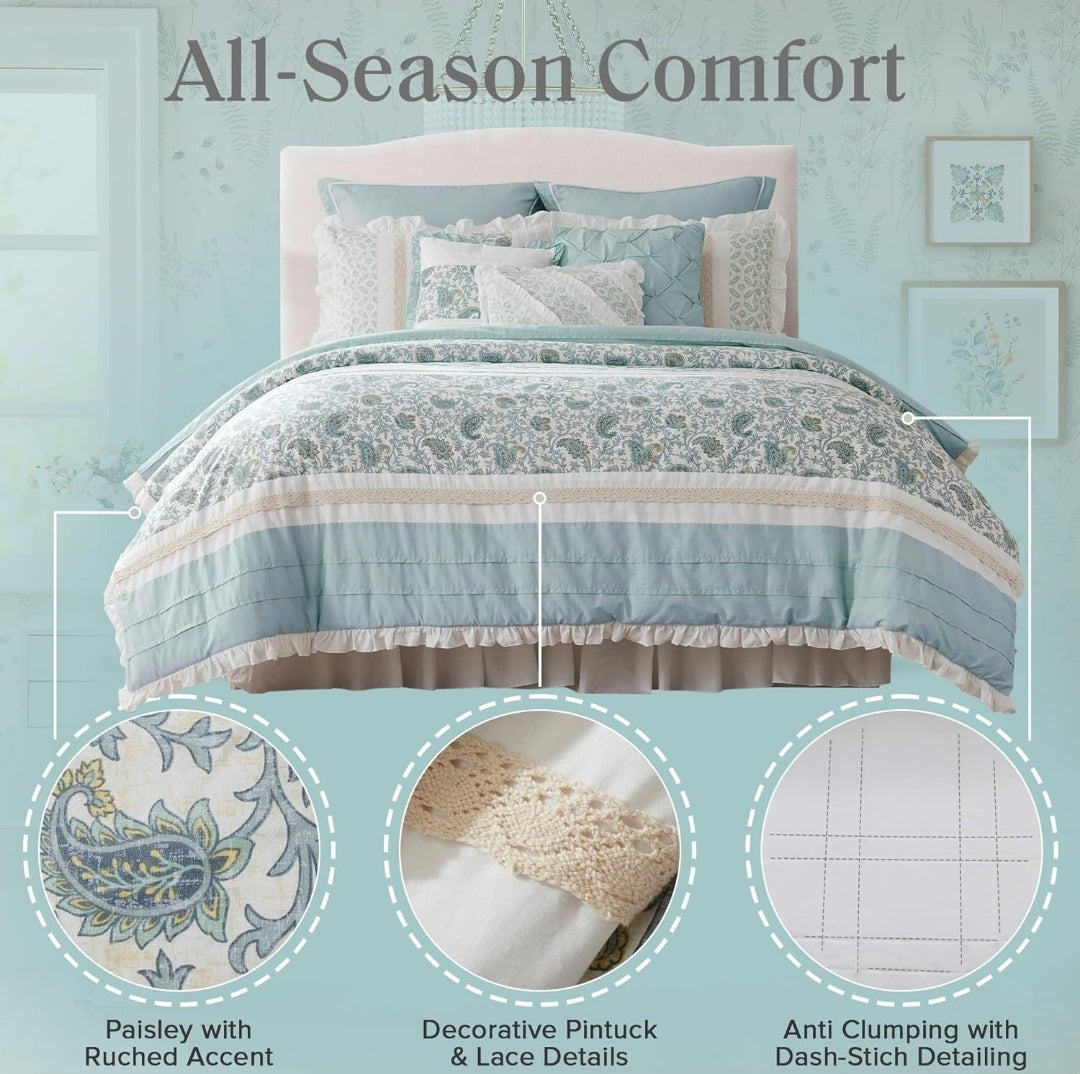 Madison Park Dawn 100% Cotton Comforter Set Queen 90"x90" Shabby Chic, Aqua, 9 Piezas, Queen