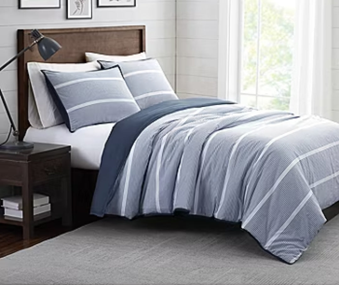Brooklyn Loom - Niari Yarn Dye Duvet Cover Set, Azul/Blanco,3 Piezas, Queen