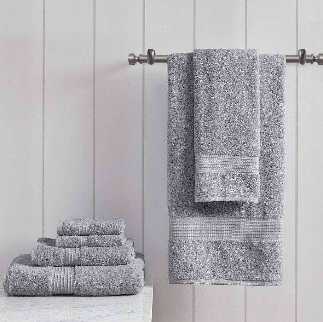 Madison Park Organic 100% Cotton Bathroom Towel Set, Highly Absorbent, Quick Dry, Include for Shower, Handwash & Facial Washcloth, Multi-Sizes, Set de 6 Toallas, Gris