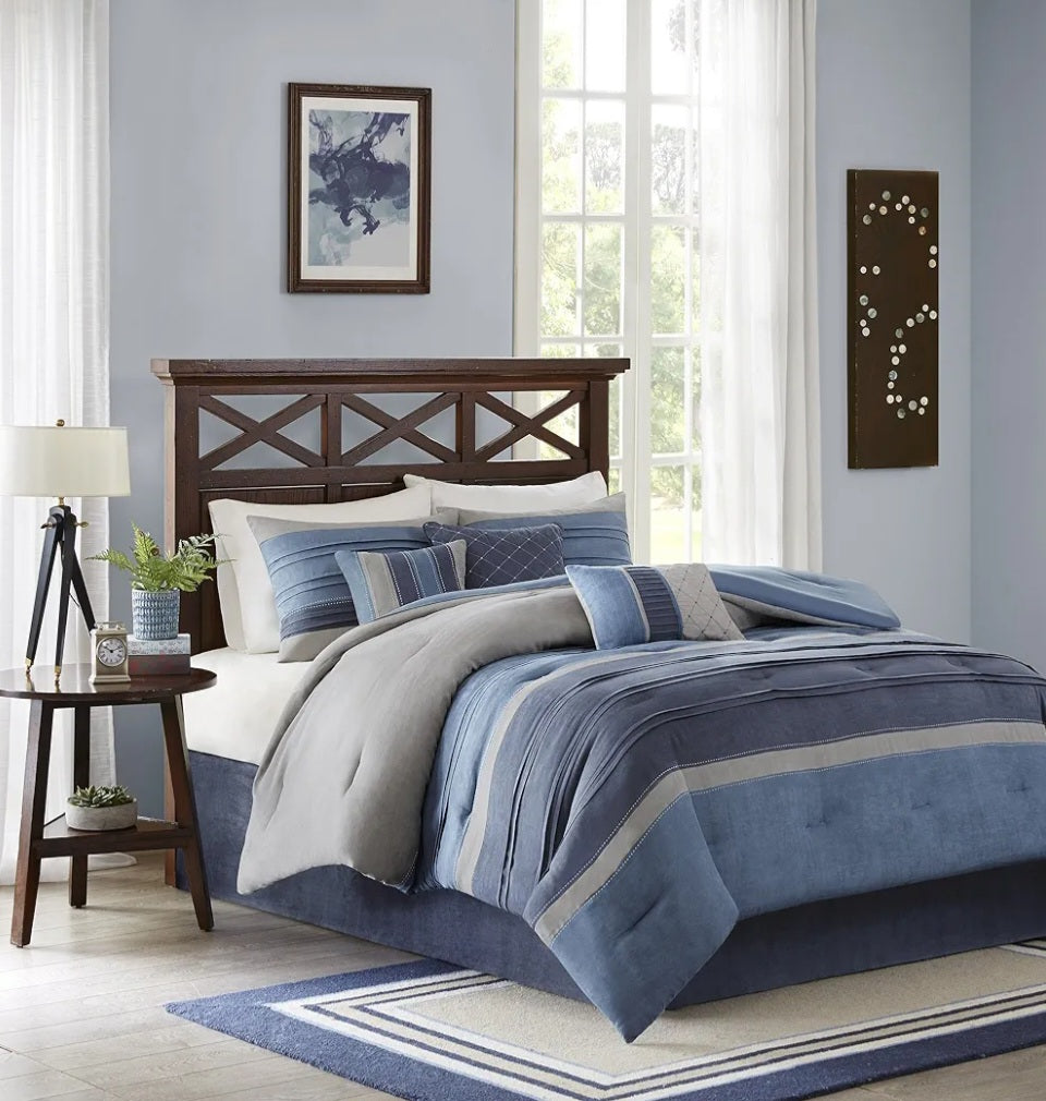 Madison Park Collins 7 Piece Comforter Set Suede Blue Grey King, Azul