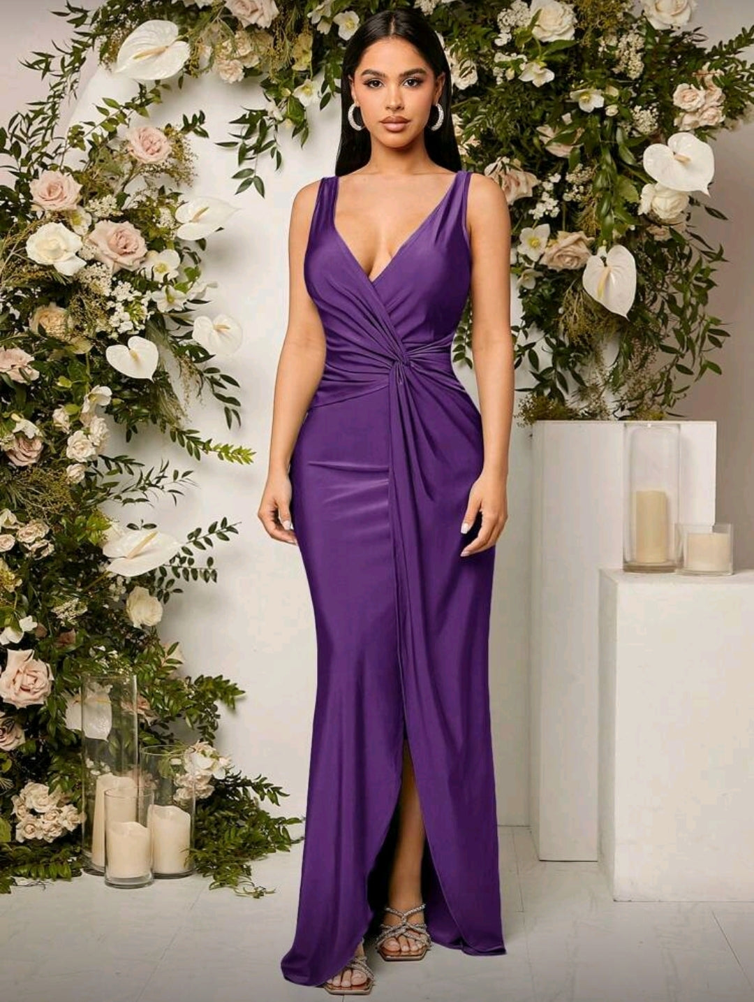 Vestido morado largo con Pliegues en la Cintura