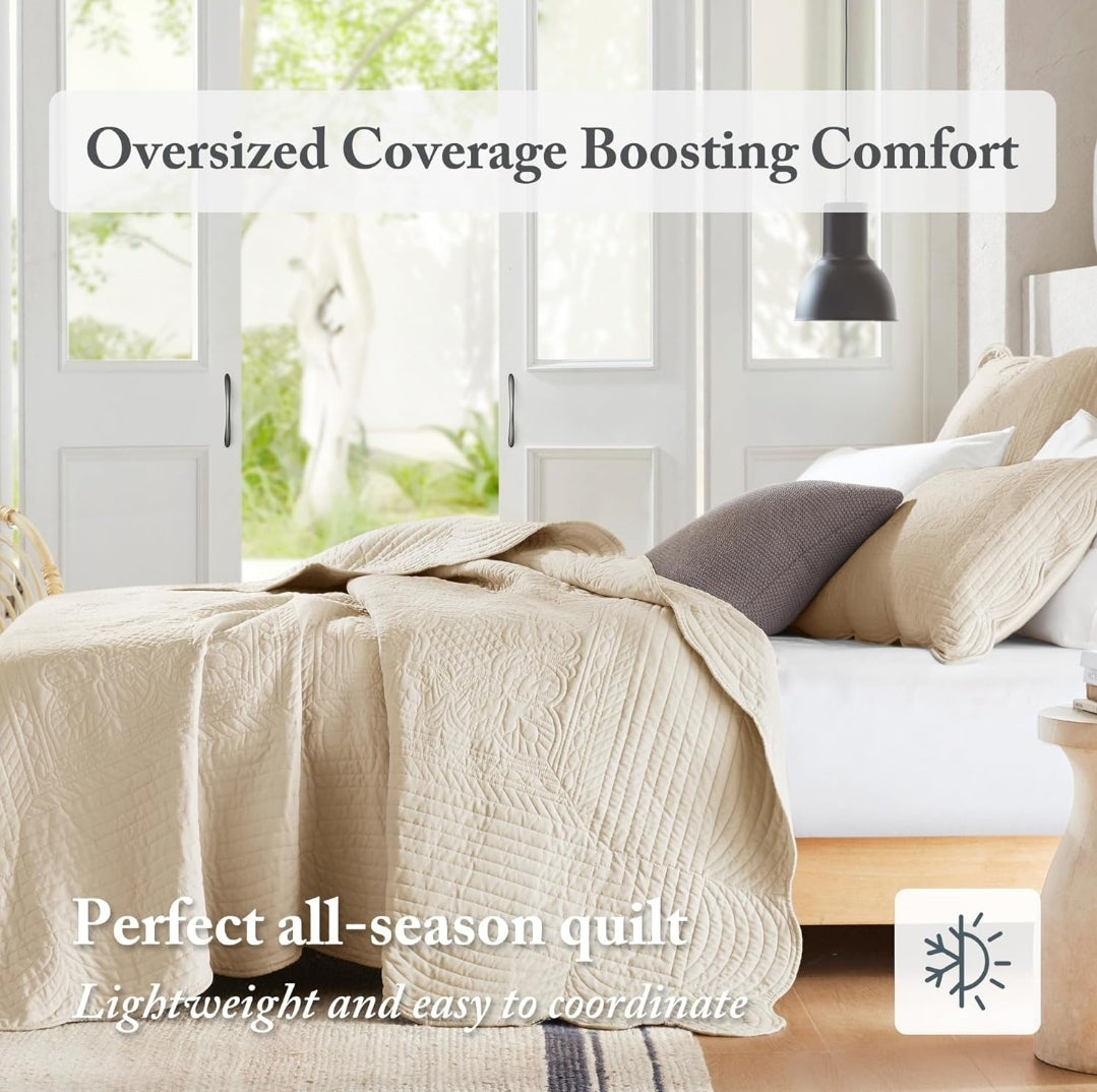 Madison Park Tuscany Quilt Set Damask King/Cal King 108"x96" Medallion Cream, 3 Piezas, King