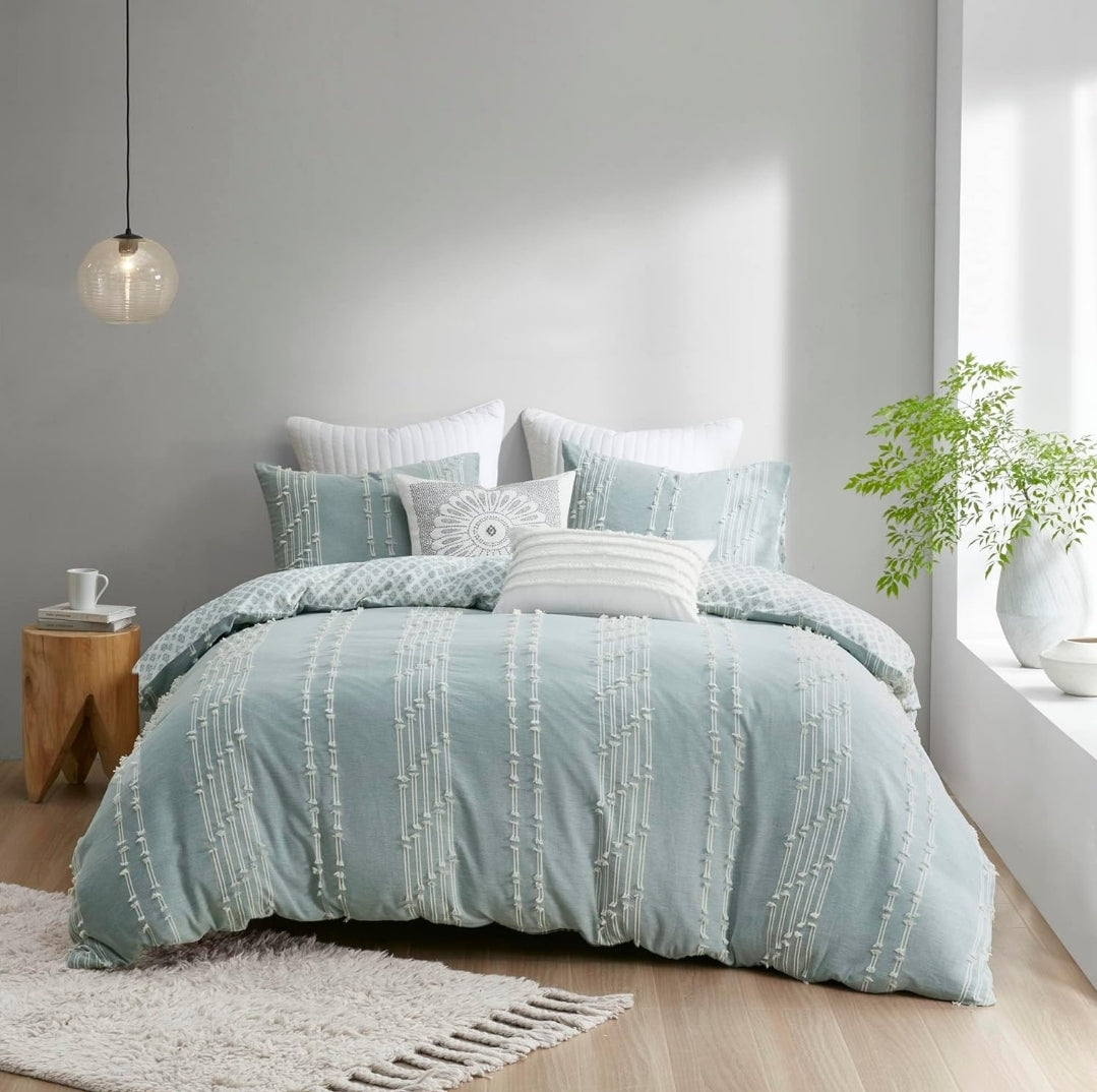 INK+IVY Kara 100% Cotton Duvet Full/Queen Jacquard Stripes Aqua, 3 Piezas, Queen