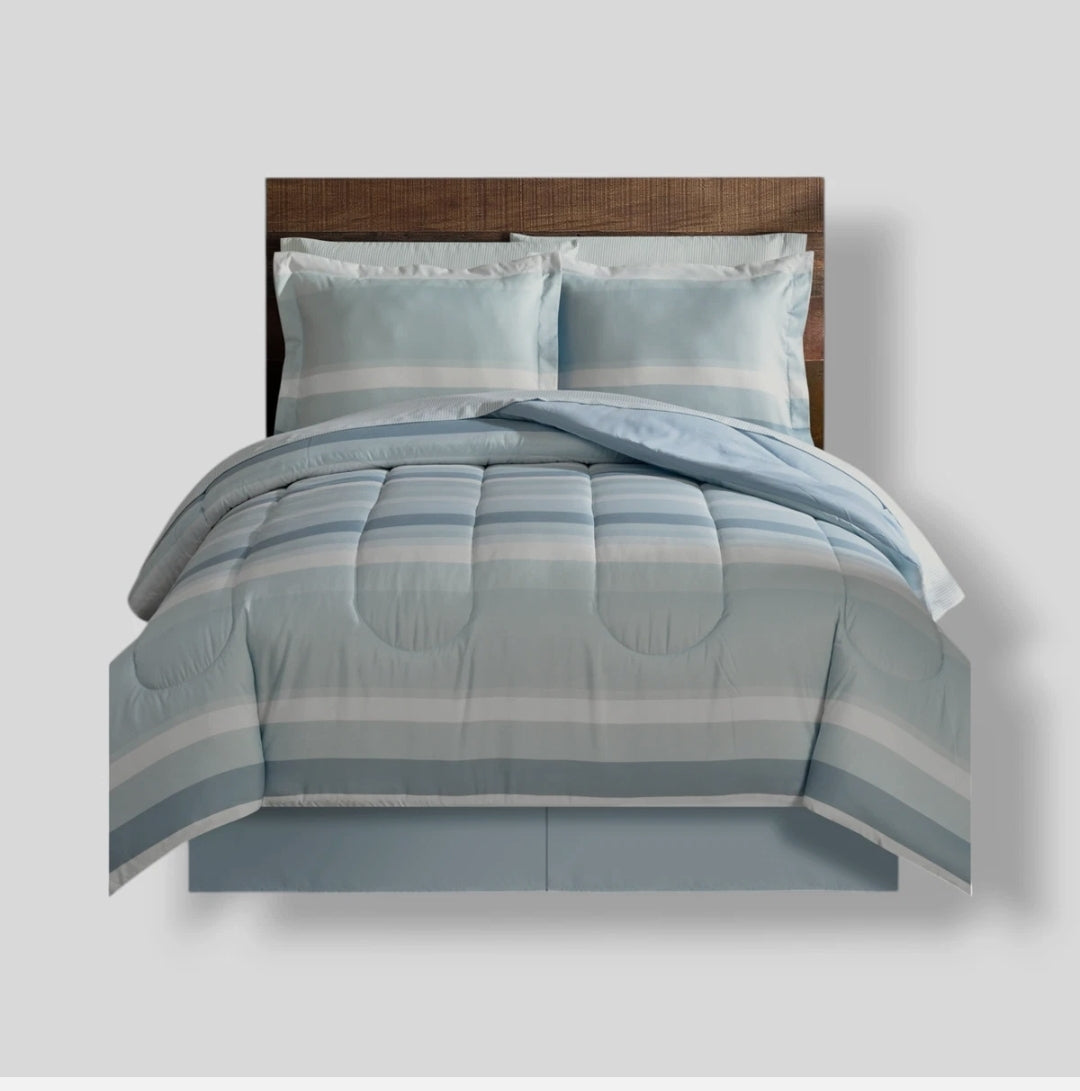 Lanwood Home Austin Stripe/Solid Reversible Comforter Set 9 Piezas, Azul, Queen