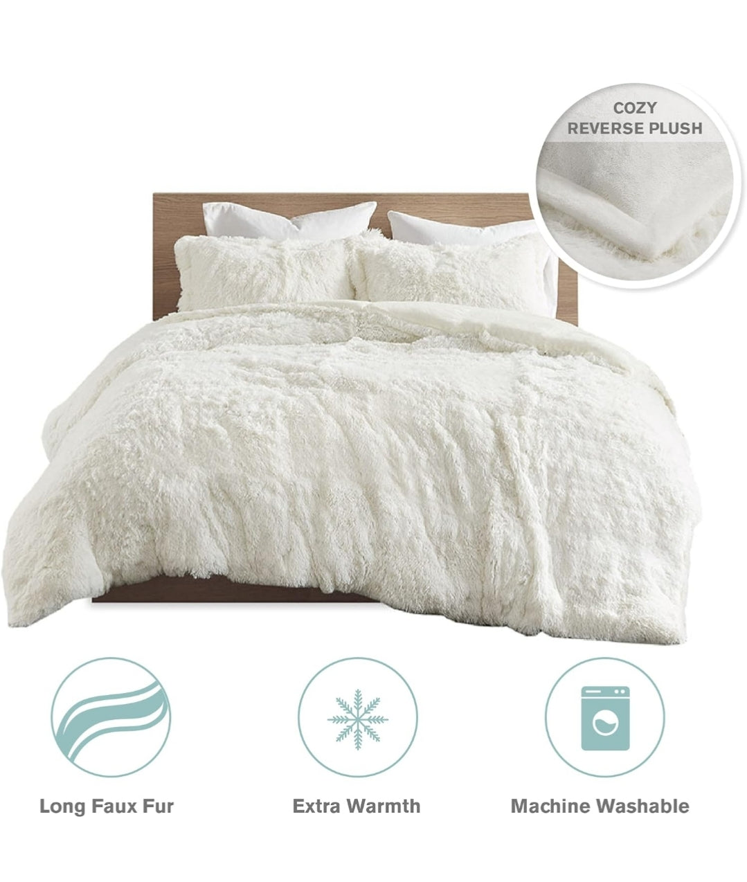 Intelligent Design Malea Shaggy Duvet with Quilted Box Design, Long Faux Fur Comforter Cover Cozy Bedding Set, Matching Shams 90"x90", Blanco, 3 Piezas, Queen