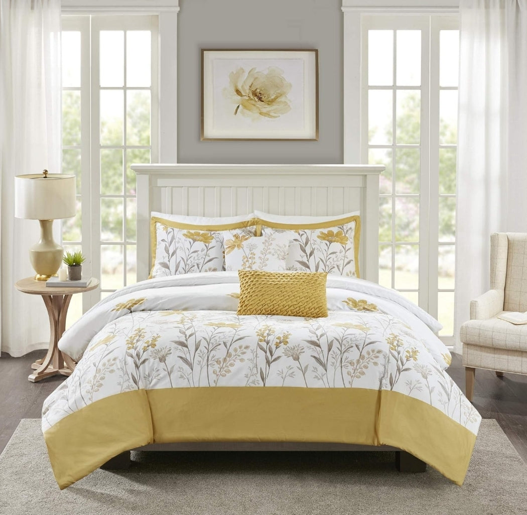 Harbor House Cozy Cotton Comforter Set - Classic Modern Design, All Season Down Alternative Casual Bedding, Matching Shams, Meadow, 5 Piezas, Amarillo, King
