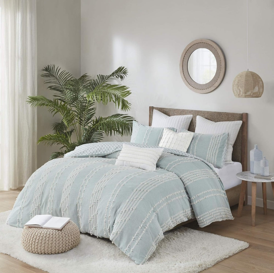 INK+IVY Kara 100% Cotton Duvet Full/Queen Jacquard Stripes Aqua, 3 Piezas, Queen