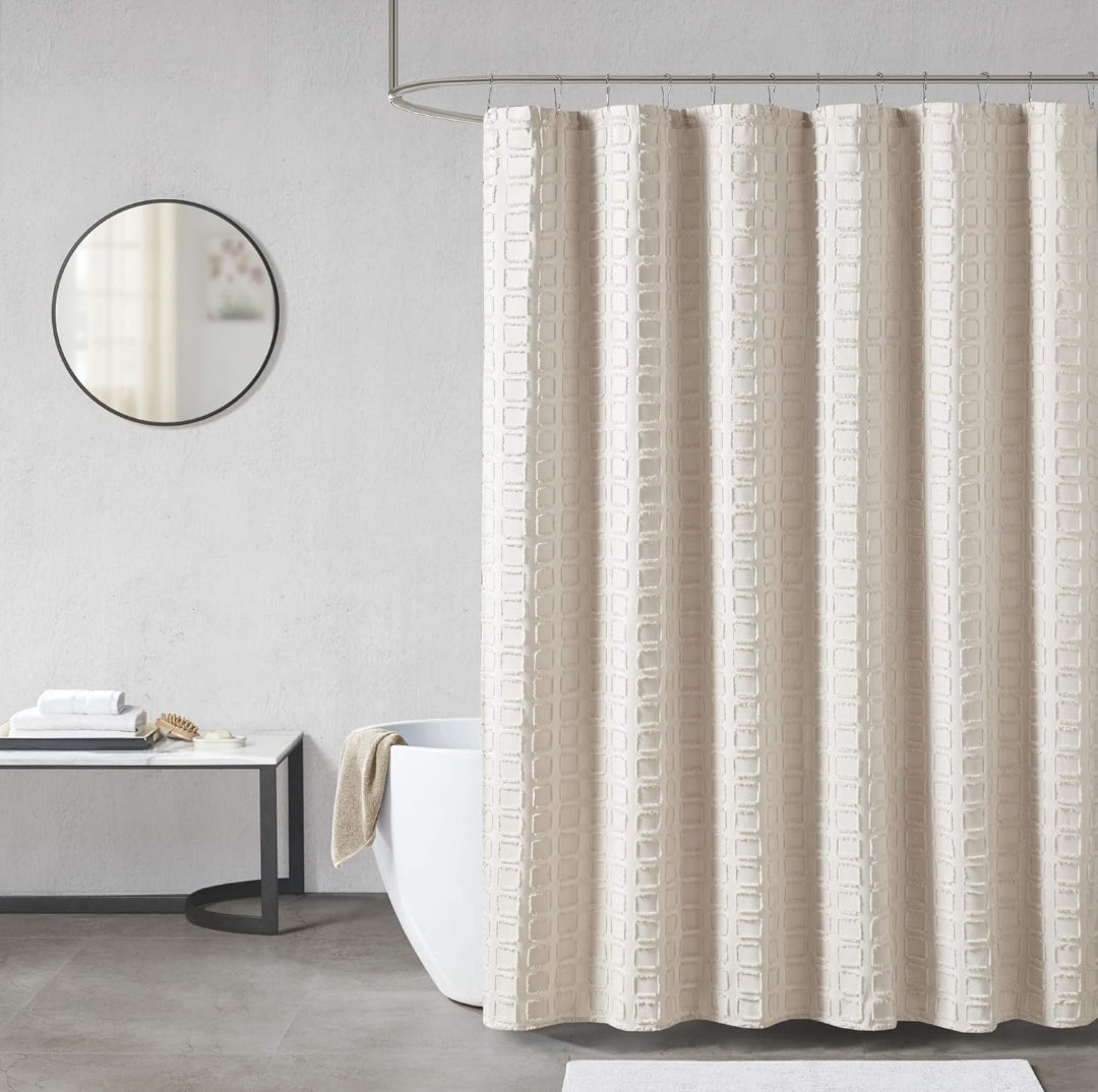 Madison Park Metro Bathroom Shower, Textured Woven Clipped Design Modern Mid-Century Privacy Bath Fabric Curtains, 72"x72" Sand (Color Arena), 1 Cortina de Baño
