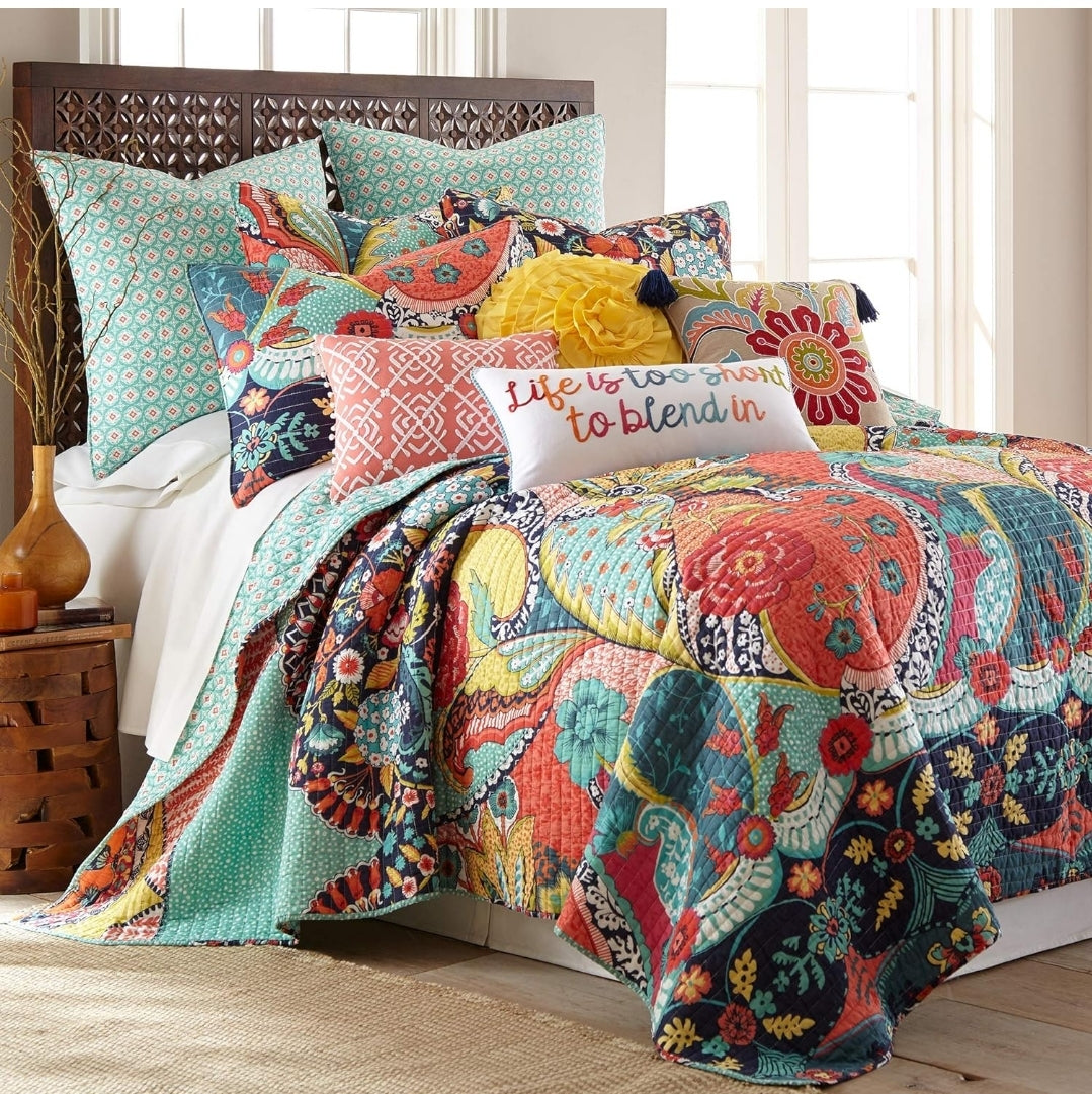 Levtex Home - Jules Quilt Set - Quilt (68x86in.) + One Standard Pillow Sham (26x20in.) - Bohemian - Teal, Orange, Yellow, Green, Blue, Red, Navy - Reversible - Cotton Fabric, 2 Piezas, Twin