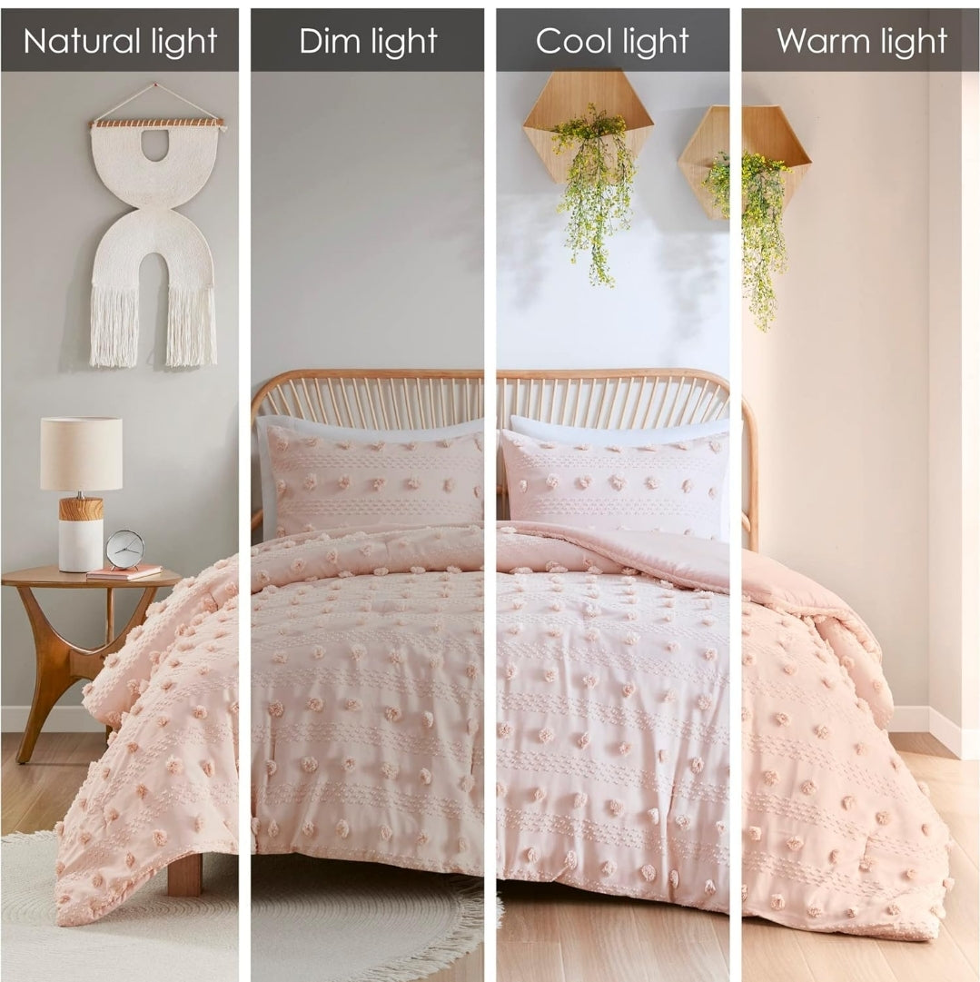 Intelligent Design Comforter Set, Clipped Jacquard Comforter Set Chic Pompoms Accent, All Seasons Lightweight & Fluffy Comforter Bed Set with 2 Shams, 3 Piezas, Rosado, Queen