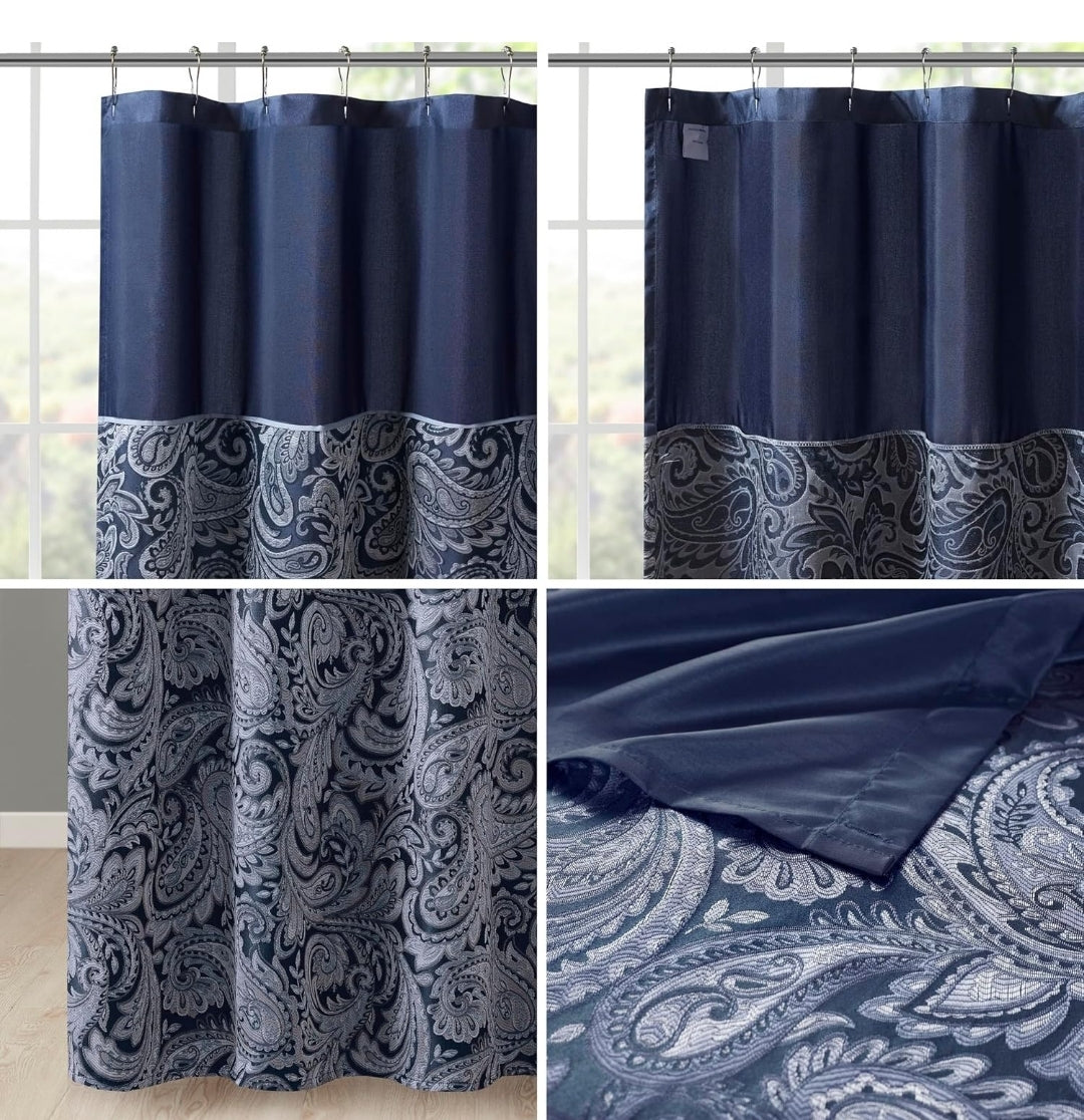 Madison Park Aubrey Shower Curtain Paisley Jacquard Pieced Microfiber Faux Silk Modern Home, 1 Cortina de Baño Azul