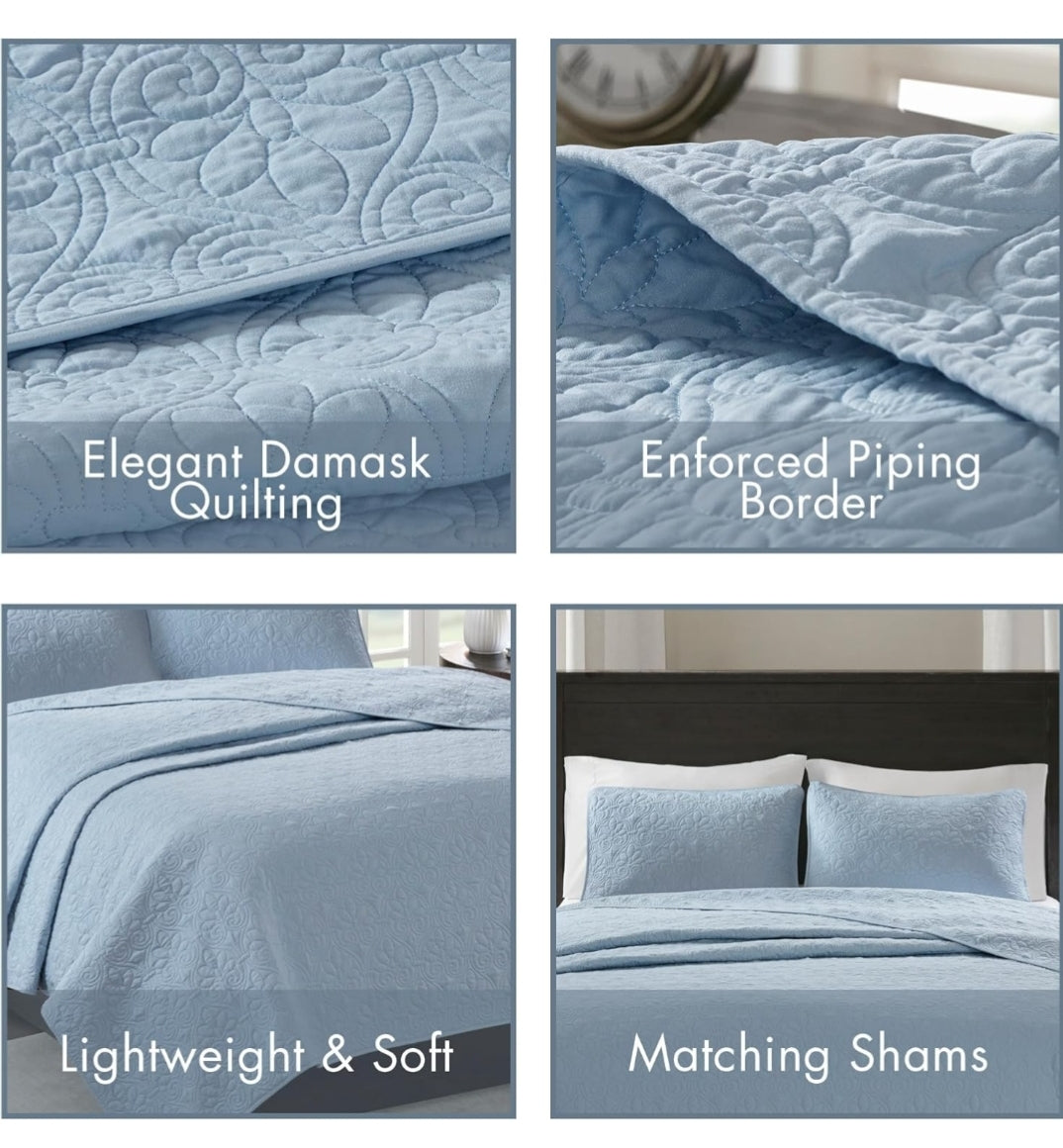 Madison Park Quebec Reversible Quilt Set Damask Design, Double Sided Stitching All Season, Lightweight Bedspread Bedding Set, Matching Sham, Azul, 3 Piezas, King