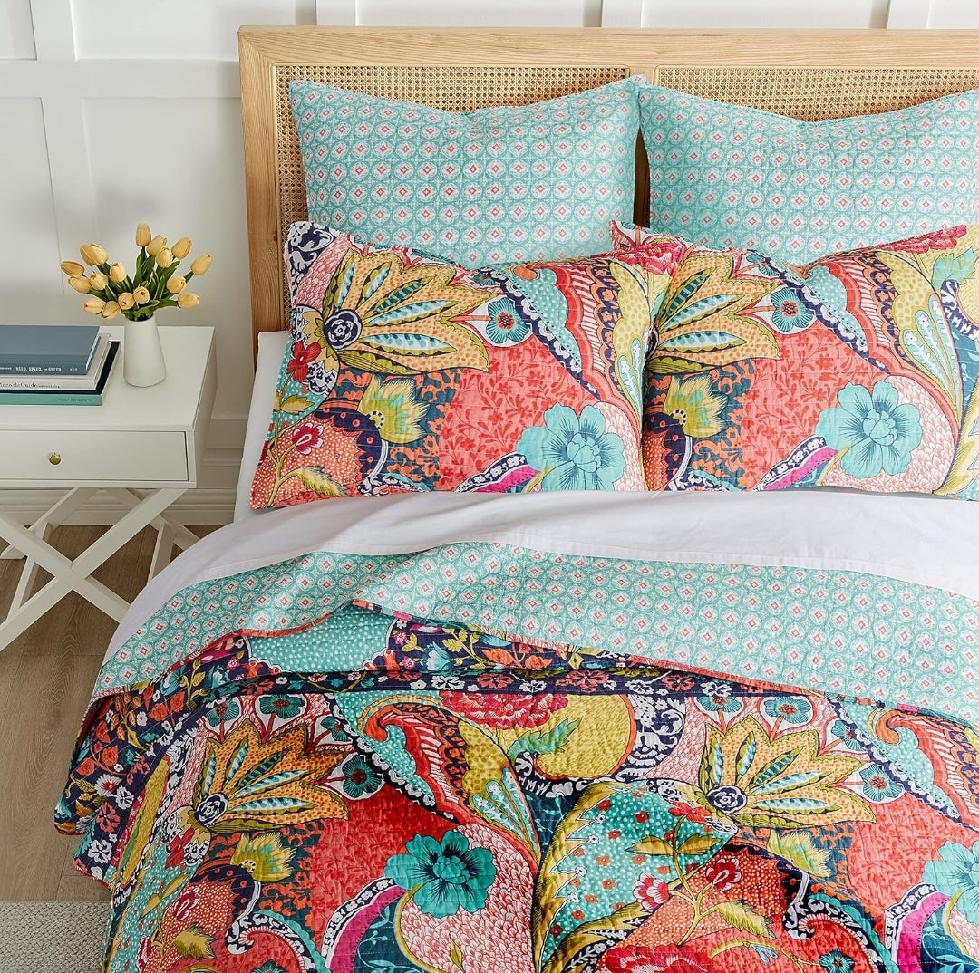 Levtex Home - Jules Quilt Set - Quilt (68x86in.) + One Standard Pillow Sham (26x20in.) - Bohemian - Teal, Orange, Yellow, Green, Blue, Red, Navy - Reversible - Cotton Fabric, 2 Piezas, Twin
