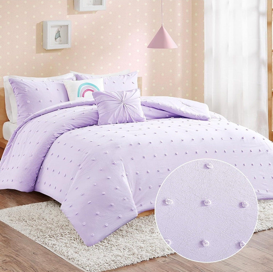 Urban Habitat Kids - Callie Cotton Jacquard Weave Colorful Pom Pom Kids Comforter sets, Down Alternative Shabby Chic, Lila, 4 Piezas, Twin