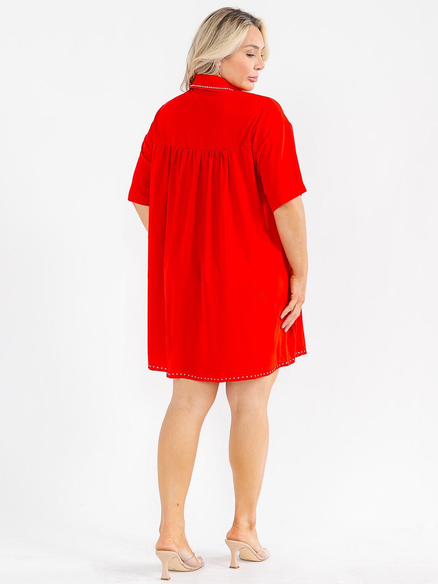 Vestido Plus rojo holgado de botones y mangas cortas
