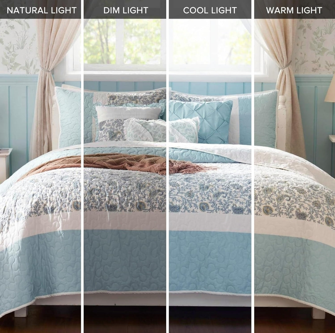 Madison Park 100% Cotton Quilt Set Floral Print Light Teal Aqua, 6 Piezas, Queen