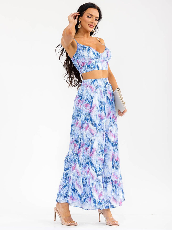 Conjunto floral blanco y azul de 2 piezas: top sin mangas + pantalón ancho con cierre