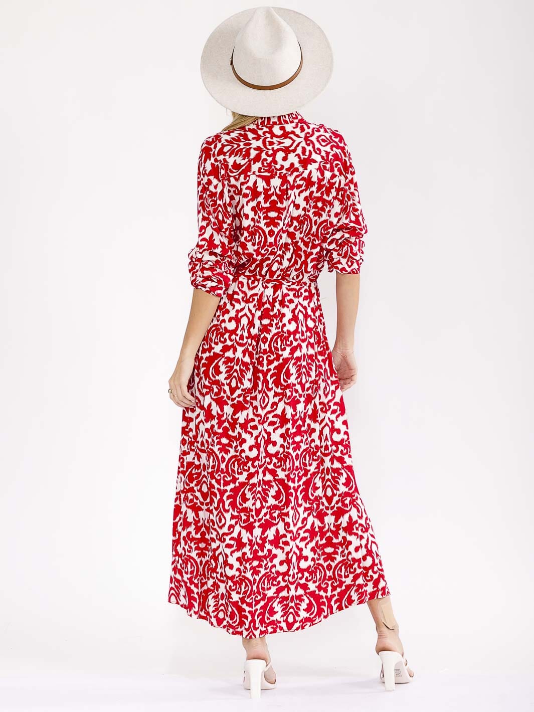 Vestido Rojo Largo Maxi de Botones y Mangas Largas