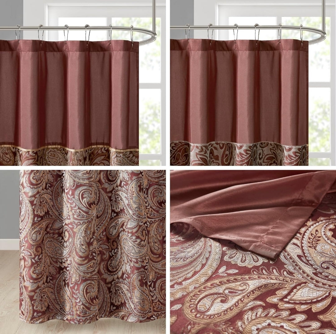 Madison Park Aubrey Design Stripe Top Modern Shower Curtain, Jacquard Traditional Shower Curtains for Bathroom, 72 X 72, Burgundy