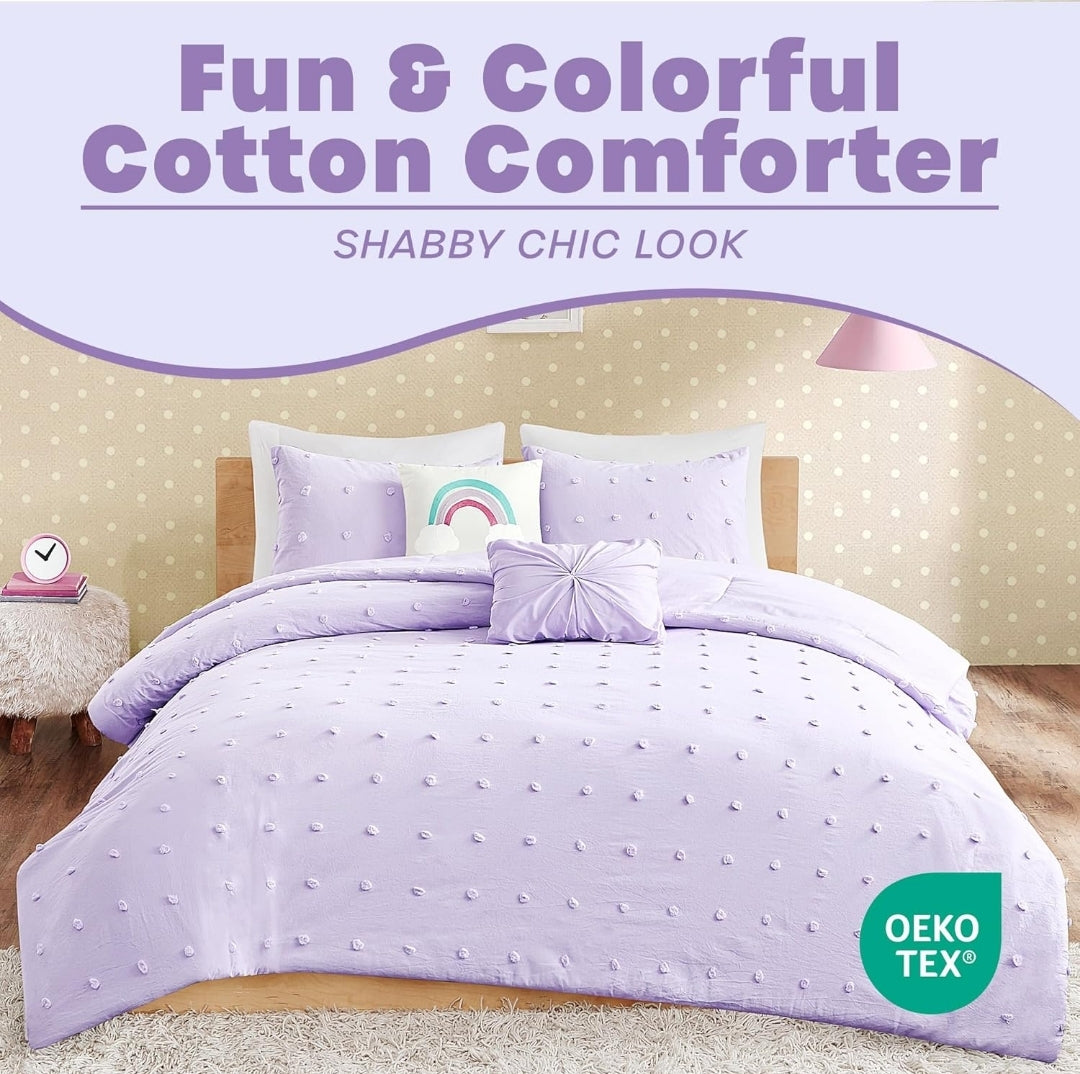 Urban Habitat Kids - Callie Cotton Jacquard Weave Colorful Pom Pom Kids Comforter sets, Down Alternative Shabby Chic, Lila, 4 Piezas, Twin