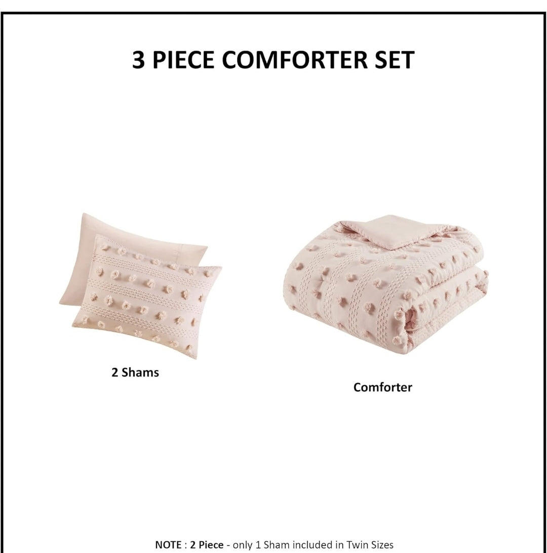 Intelligent Design Comforter Set, Clipped Jacquard Comforter Set Chic Pompoms Accent, All Seasons Lightweight & Fluffy Comforter Bed Set with 2 Shams, 3 Piezas, Rosado, Queen