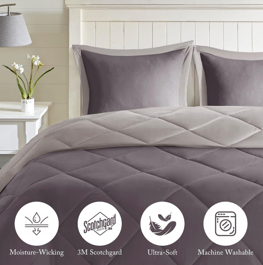 Madison Park Essentials Larkspur Comforter Set, 3 Piezas, Gris, Full/Queen