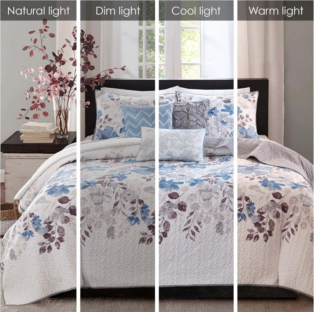 Madison Park Luna Quilt 90"x90" Floral 6 Piezas, Azul, Queen