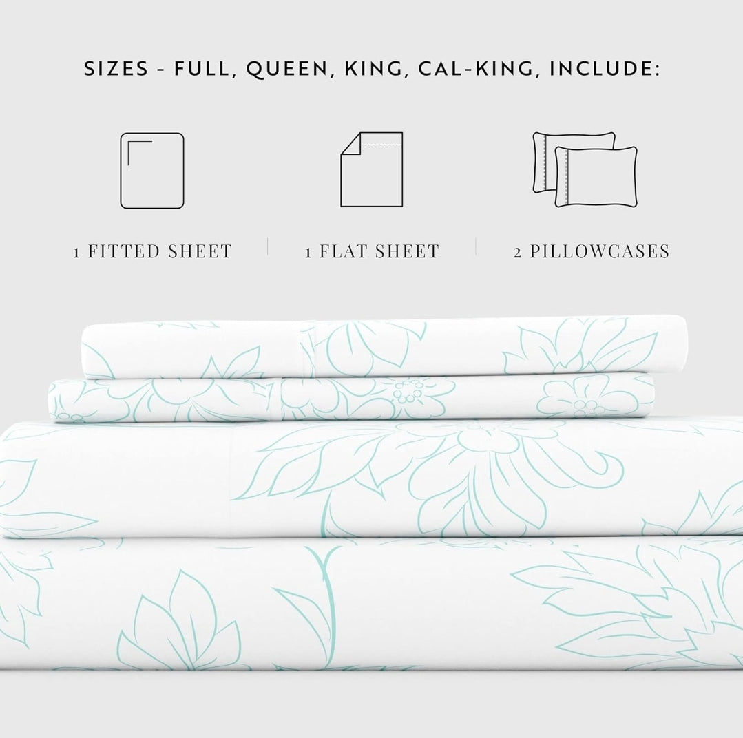 Ienjoy Linen Market Bedding Sheet Set, 4 Piezas, Blanco con Lineas Verdes, Queen