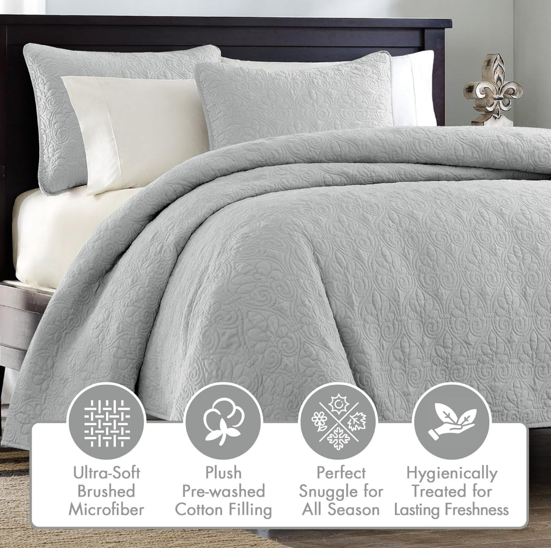Madison Park Quebec Quilt Set - Luxurious Damask Stitching Design, Cotton Filled Lightweight Coverlet Bedspread Bedding, Shams, 3 Piezas, Gris, Full/Queen
