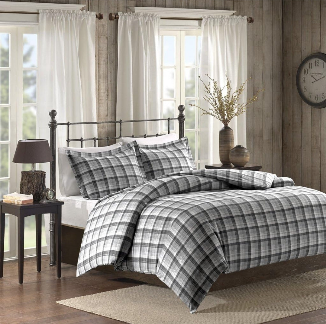Woolrich Cotton Sheet Set Cottage Charms Print 100% Cotton Flannel Sheets Queen Size Grey Plaid 4 Piezas, Gris Queen