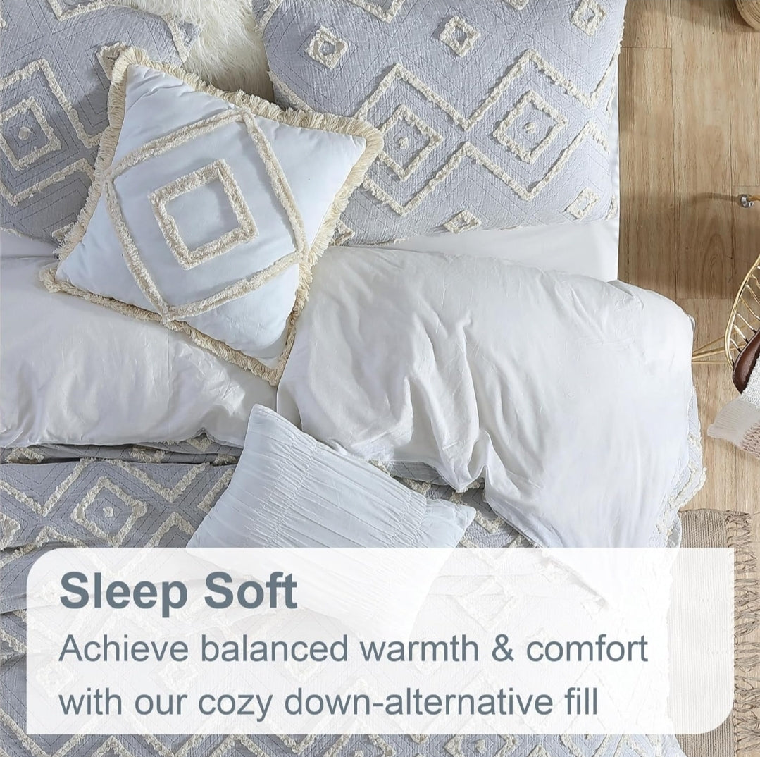 Swift Home Rukai 100% Cotton Washed Clip Jacquard Gauze 5-Piece Bedding Comforter Set, All Season & Breathable, Oeko-TEX Certified – Gris, 5 Piezas, Queen. Tono gris suave.