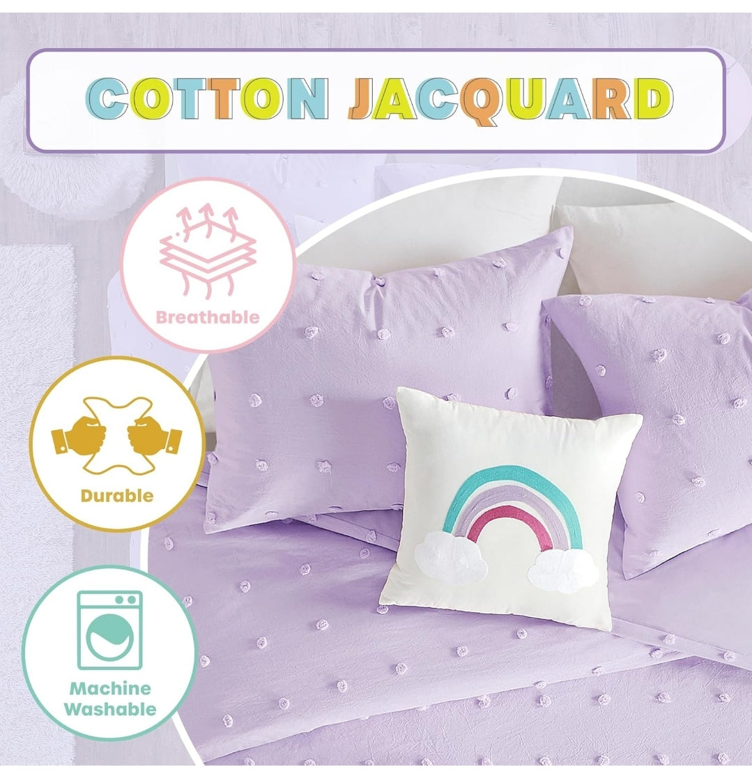 Urban Habitat Kids - Callie Cotton Jacquard Weave Colorful Pom Pom Kids Comforter sets, Down Alternative Shabby Chic, Lila, 4 Piezas, Twin