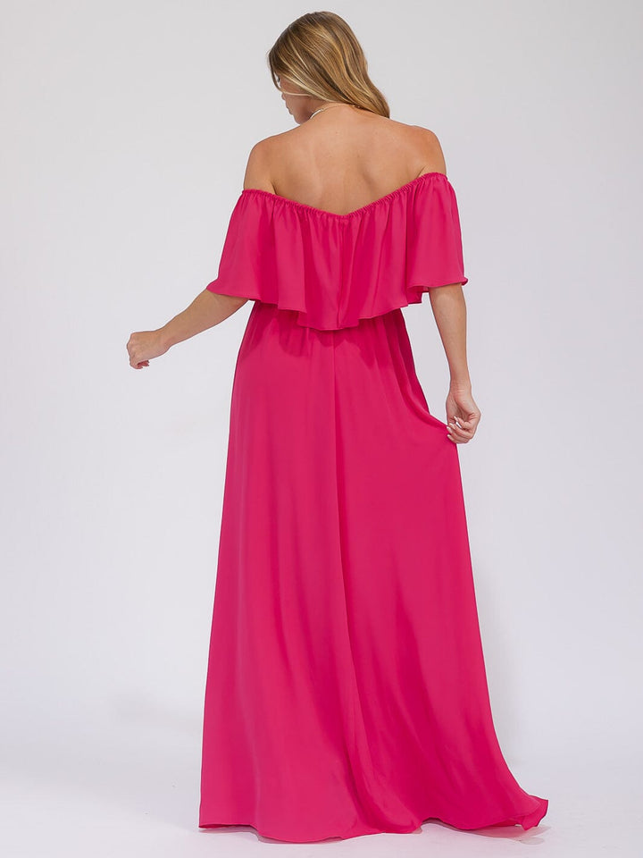 Vestido maxi fucsia elegante de manga corta con cintura elástica