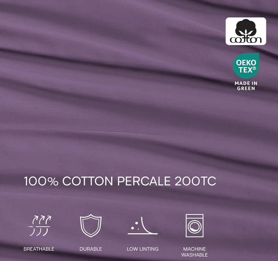 Lacoste 100% Cotton Percale Solid Sheet Set Plum, Morado, 4 Piezas, Queen