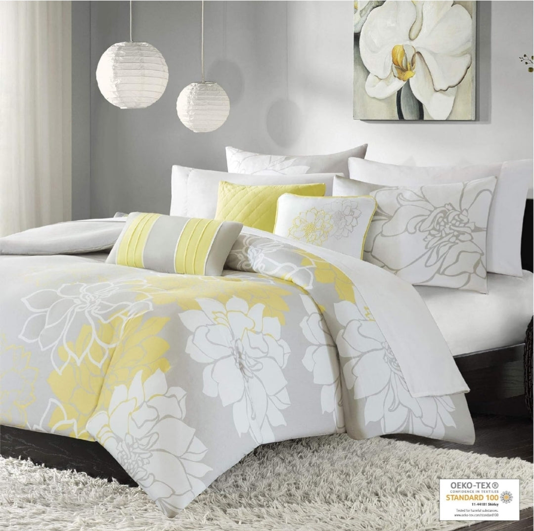 Madison Park Lola 100% Cotton Duvet Set Beautiful Floral Pattern, Ruffle Border Design, 6 piezas, Amarillo, Queen