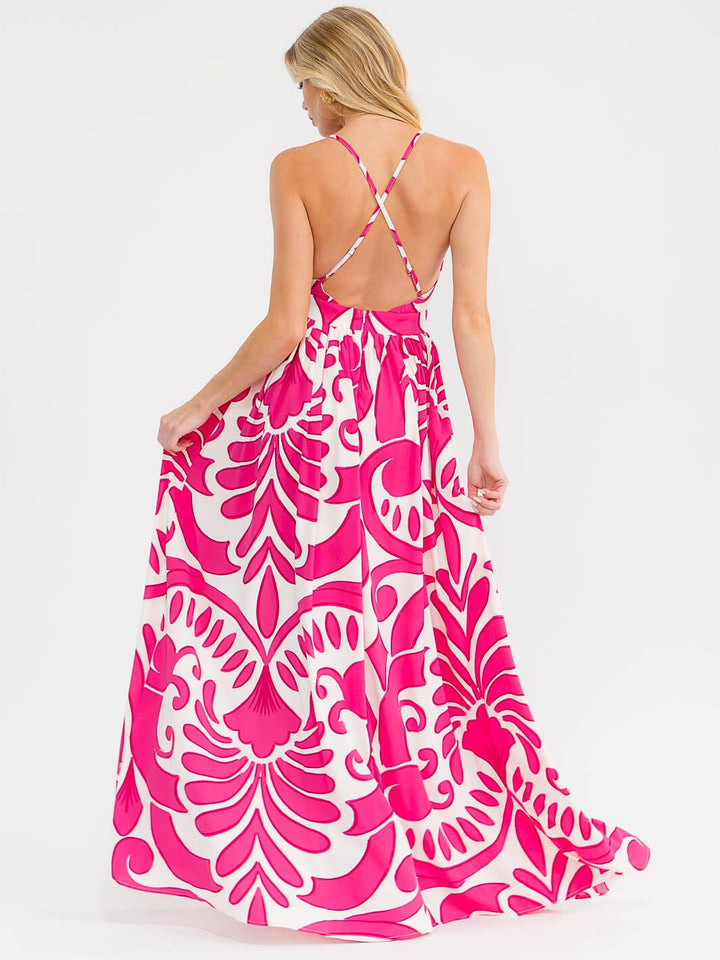 Vestido maxi fucsia y blanco sin mangas cuello en V de espalda abierta