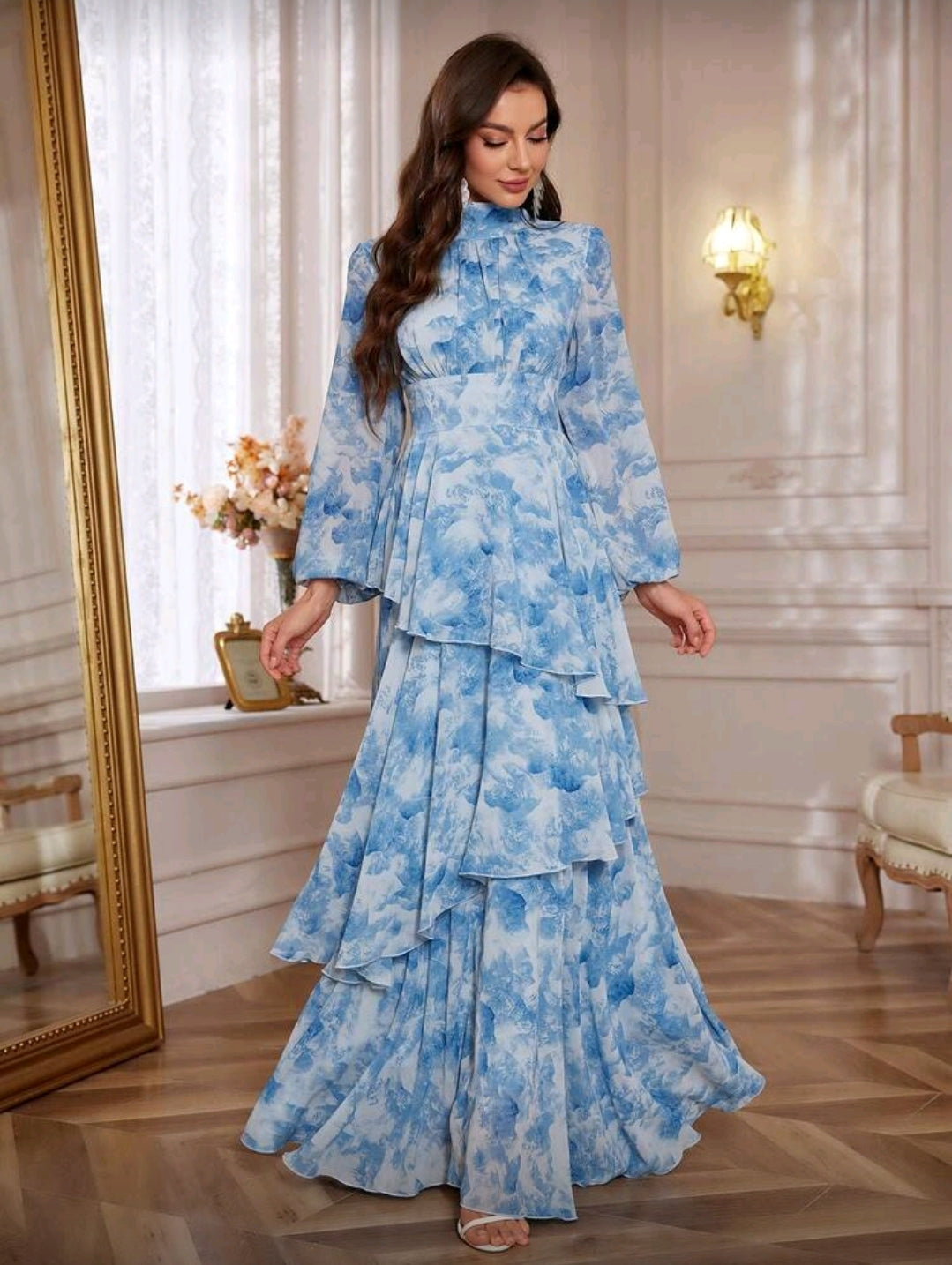 Vestido Maxi Azul con Estampado Floral Elegante manga larga