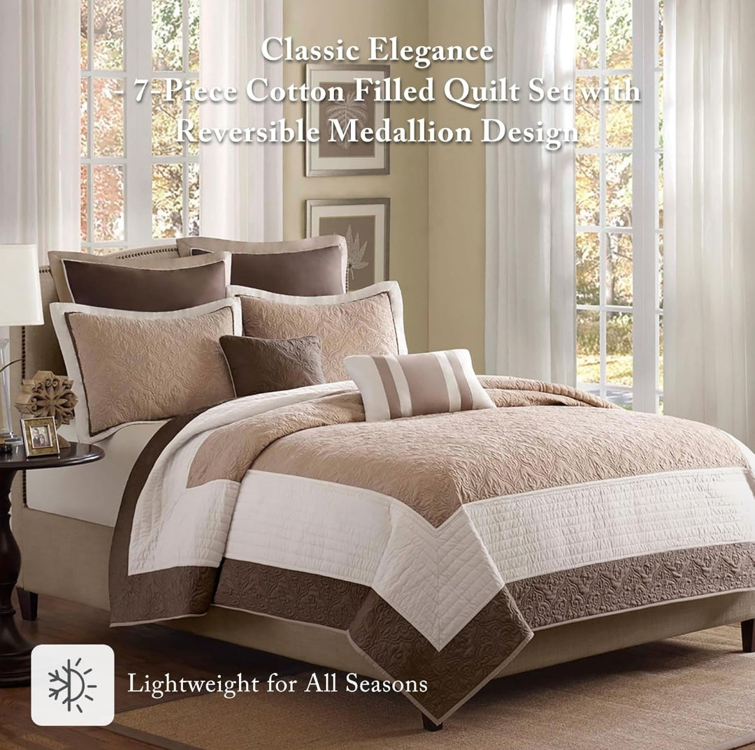 Madison Park Attingham Quilt Set 90"x90", Beige, 7 Piezas, Queen