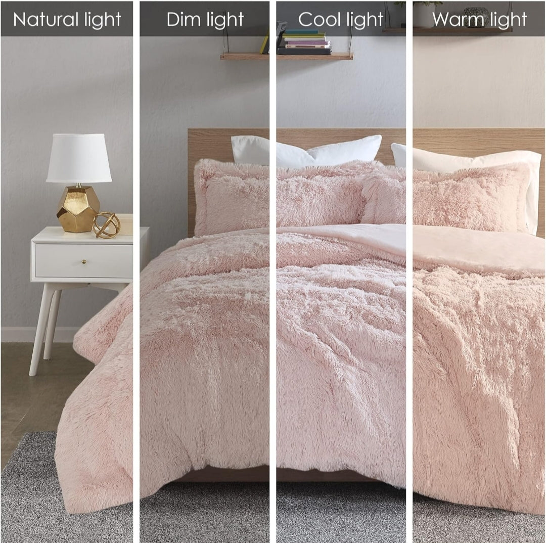 Intelligent Design Malea Shaggy Duvet with Quilted Box Design, Long Faux Fur Comforter Cover Cozy Bedding Set, Matching Shams, 104x90, Rosado, 3 Piezas, King