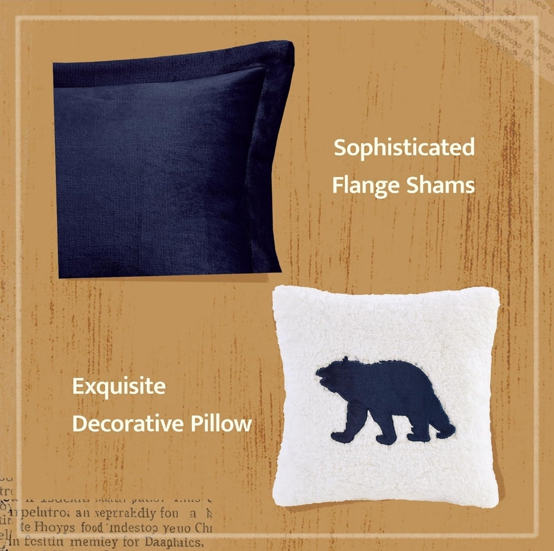 Woolrich Reversible Comforter Set Ultra Soft Plush to Sherpa, Down Alternative, Cold Weather Winter Warm Bedding, with Matching Sham, Decorative Pillow, Navy Blue/Ivory, 4 Piezas, Full/Queen