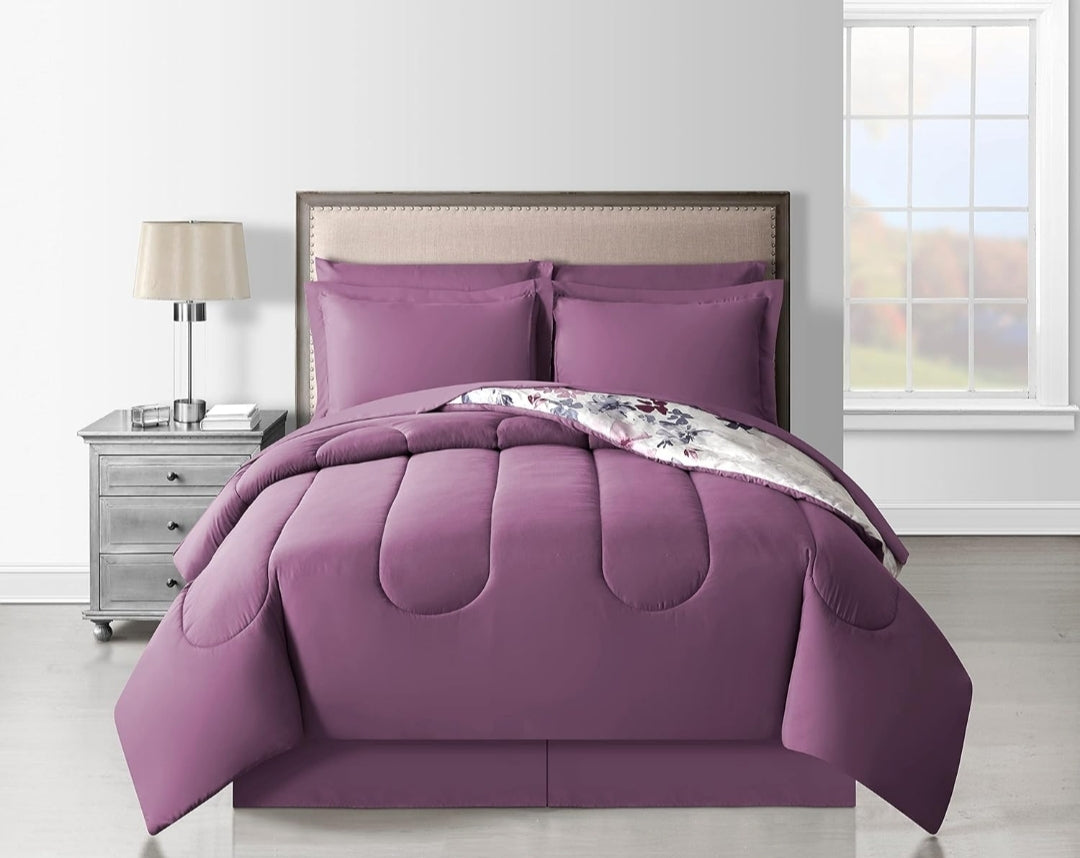 Fairfield Square - Lanwood Monica, Bed-in-A-Bag Set, California King, Floral Reversible, Blanco/Lila, 8 Piezas, King
