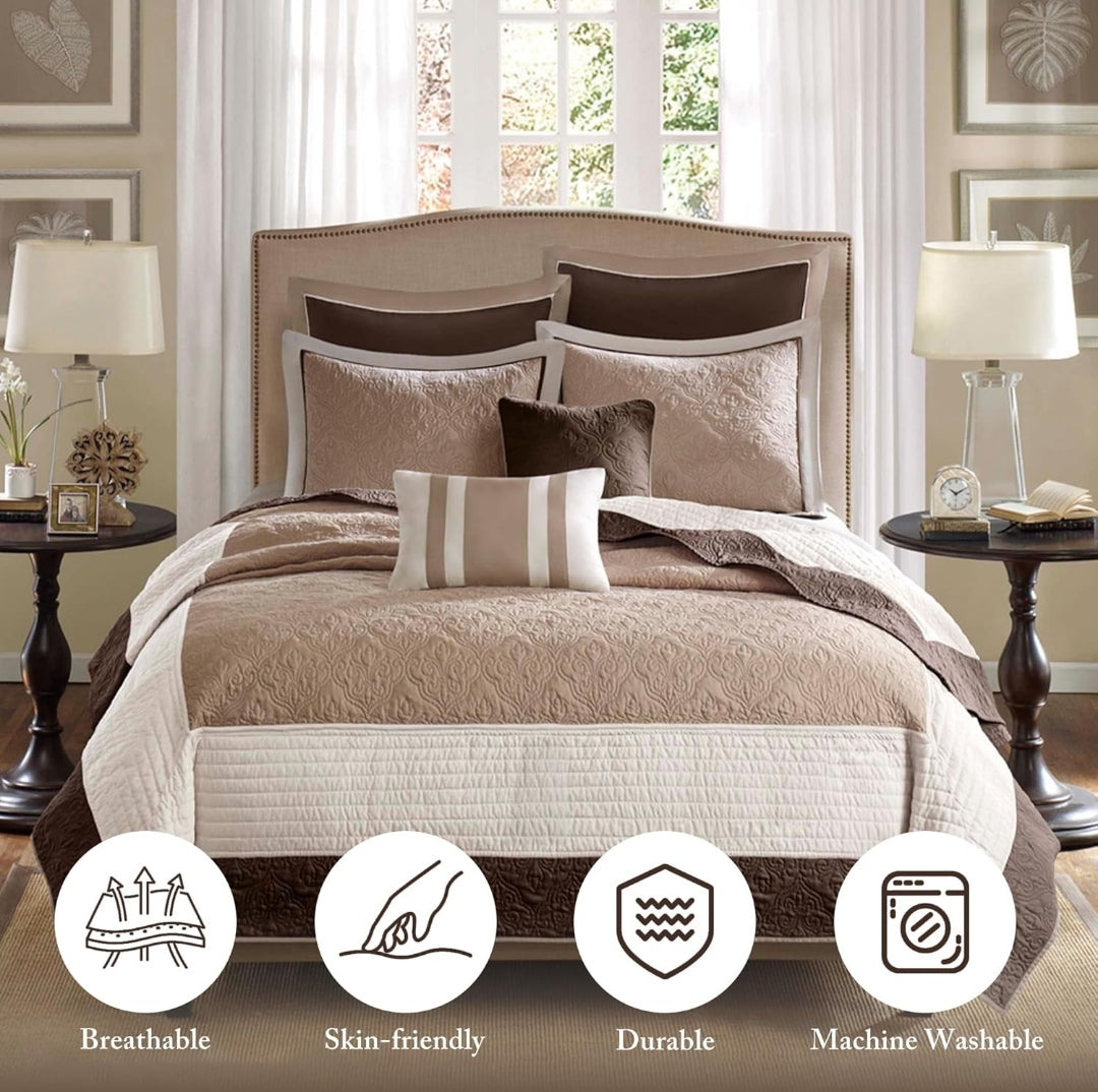 Madison Park Attingham Quilt Set 90"x90", Beige, 7 Piezas, Queen