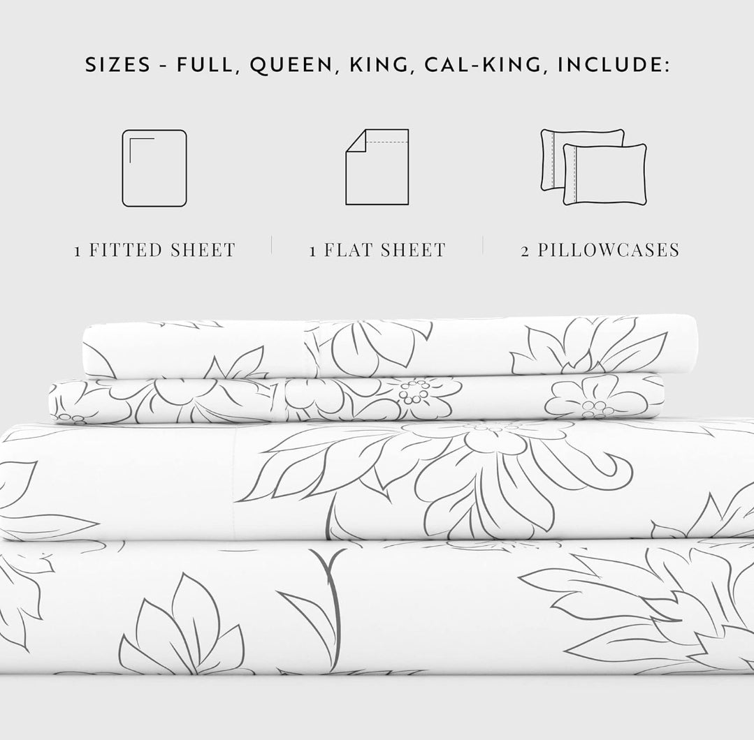 Ienjoy Linen Market Bedding Sheet Set, 4 Piezas, Blanco con Lineas Grises, Queen