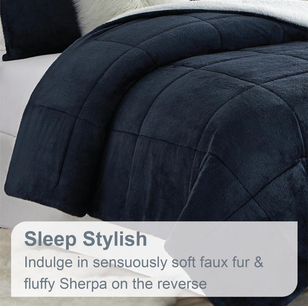 Swift Home Premium Ultra-Soft Faux Fur Sherpa Reversible Comforter and Sham Set - 3 Piezas, Azul, Queen