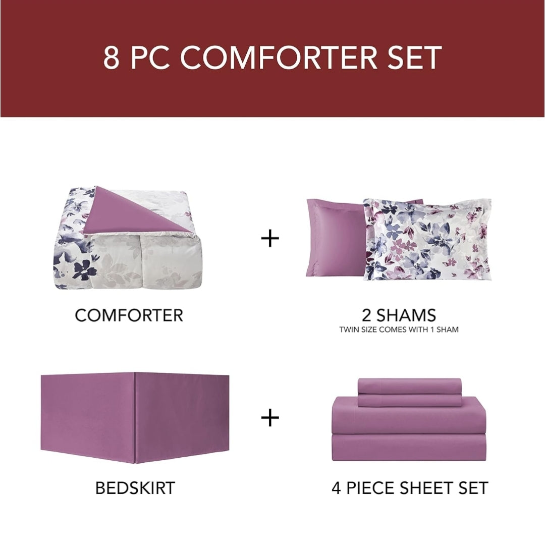 Fairfield Square - Lanwood Monica, Bed-in-A-Bag Set, California King, Floral Reversible, Blanco/Lila, 8 Piezas, King
